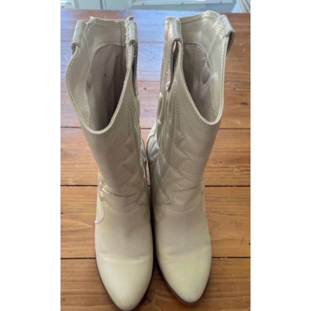MIA Womens Off White Western Cowgirl Boots Block Heel Mid Calf Pointed Toe Ivory - Picture 2 of 10